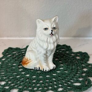 White Ceramic Sitting Cat Figurine with Gold Accent